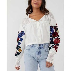 NWT Free People Meadows Embroidered Crop Blouse Size Large